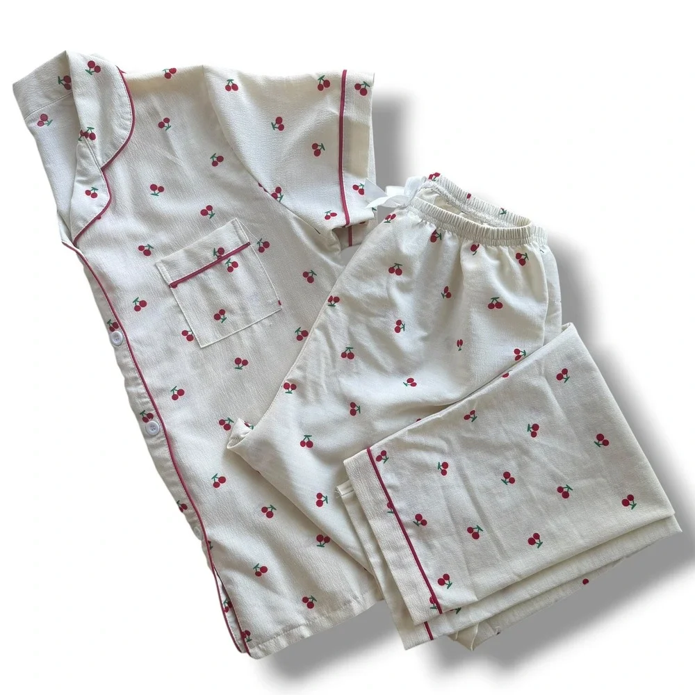 Women M Cream Red Cherry Print Pajama Set Short Sleeve Button Down Top and Pants